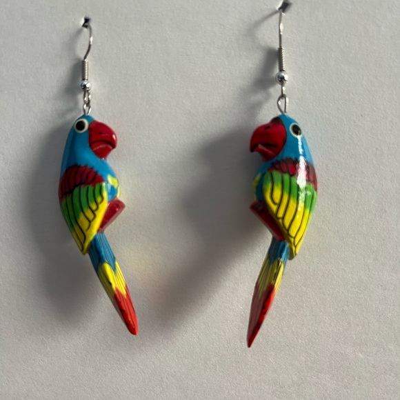 Vibrant Hand Painted Wooden Parrot Earrings - Picture 3 of 6